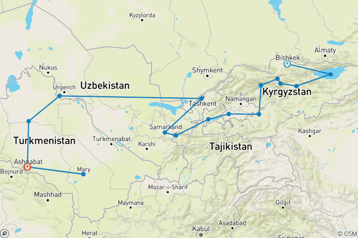 Carte du circuit De Bichkek à Achgabat (from Bishkek to Achgabat)
