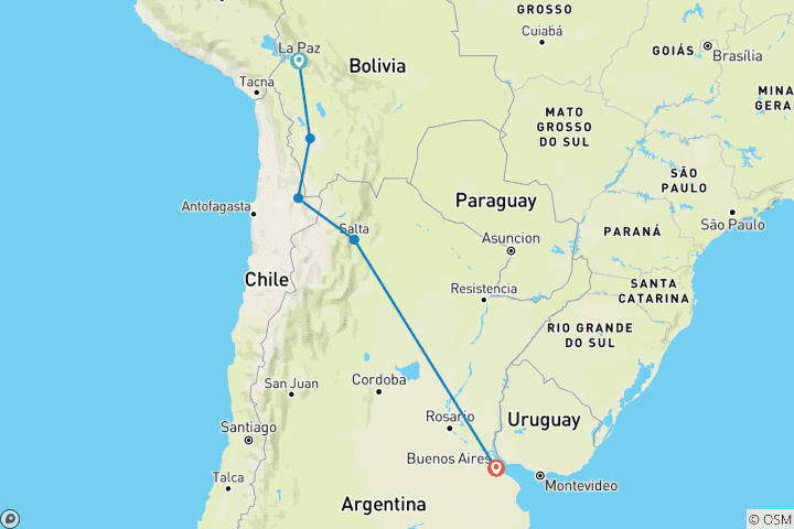 Carte du circuit La Bolivie et l'Argentine réelles (from La Paz to Buenos Aires)