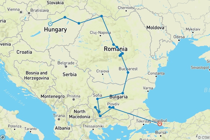 Map of Eastern Europe Explorer (from Budapest to Istanbul)