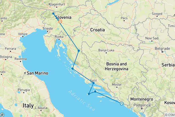 Carte du circuit De Dubrovnik à Ljubljana (from Dubrovnik to Ljubljana)