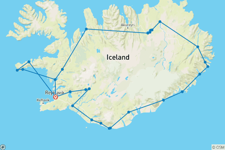Map of 8-Day Small Group Journey Around Iceland