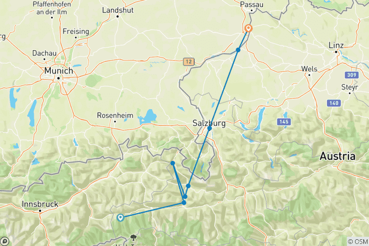 Map of Tauern cycle path with charm (8 days)