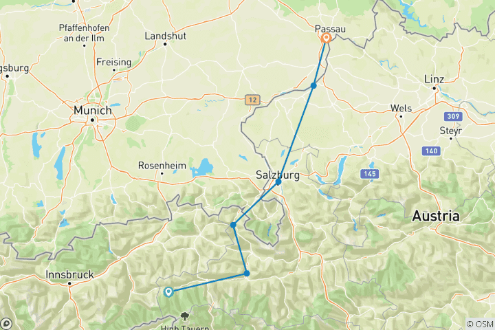 Map of Tauern Cycle Path Krimml-Passau 8 days (8 days)