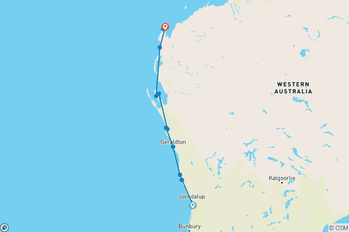 Map of Perth to Exmouth Adventure - 6 days