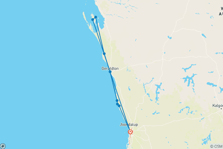 Map of Perth to Monkey Mia & Kalbarri Explorer - 4 days