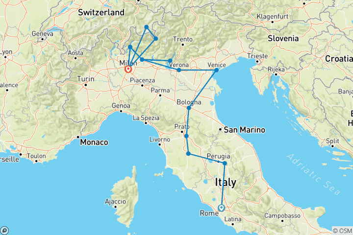 Map of Colosseum to Como - 12 days