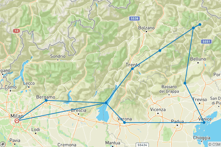 Carte du circuit De Milan à Venise et aux Dolomites - 6 jours