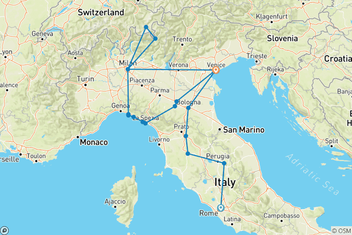 Map of Italian Highlights & Liguria - 11 days