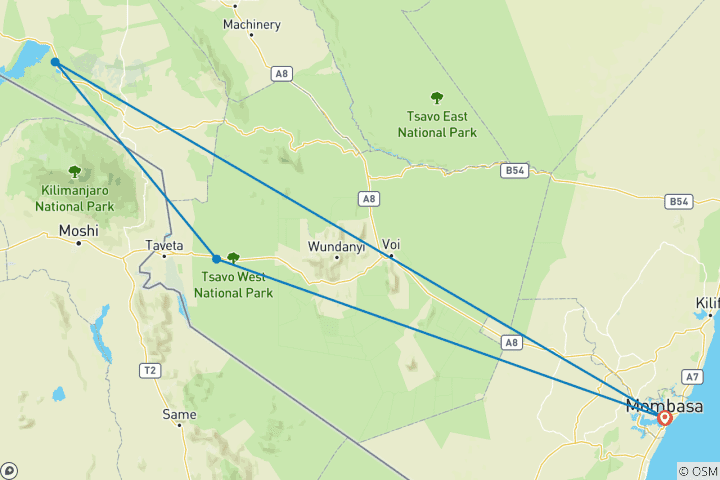 Kaart van Exclusieve Kenia Safari reisroute: Diani Beach, Tsavo West & Amboseli 7 Dagen