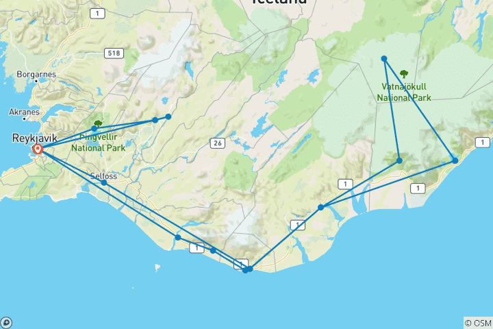 Map of Iceland 5-Day Adventure: Golden Circle, Ice Cave, Glacier Lagoon & Northern Lights