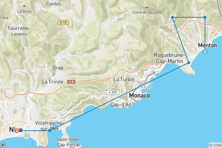 Carte du circuit Les balcons de la Côte d'Azur - De Menton à Nice (6 jours)