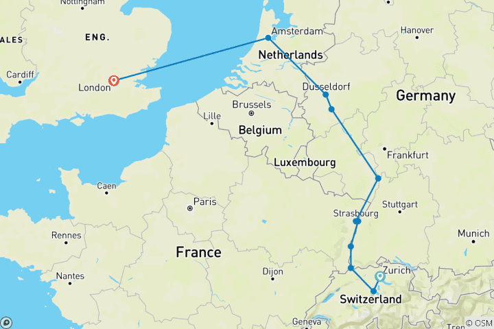 Carte du circuit Zurich - Lucerne & Joyaux du Rhin & Londres