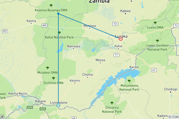 Carte du circuit Parc national de Kafue du sud au nord