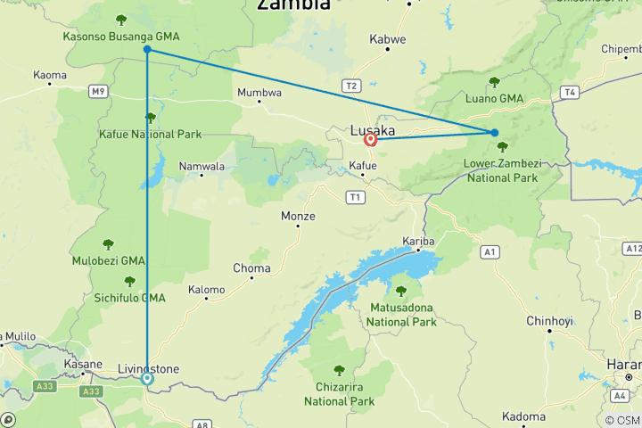 Carte du circuit Parcs nationaux de Kafue et du Bas-Zambèze