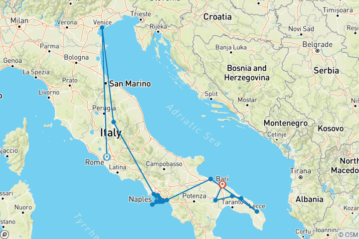Carte du circuit De Rome à l'Italie du Sud (from Rome to Bari)