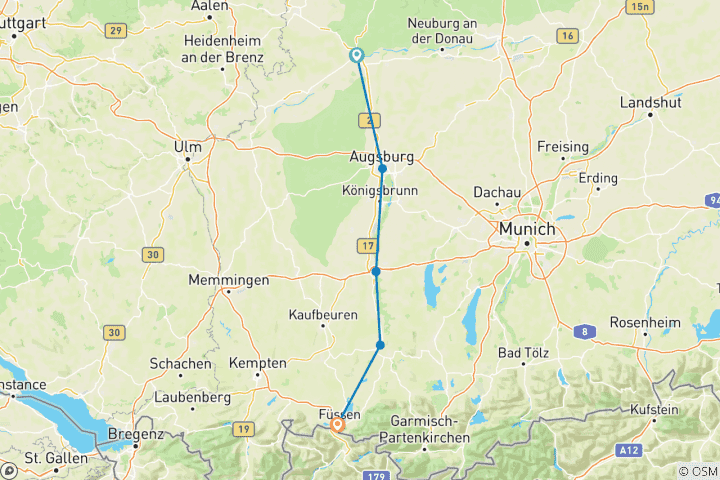 Carte du circuit Via Claudia Augusta - de Donauwörth à Füssen - classique (6 jours)