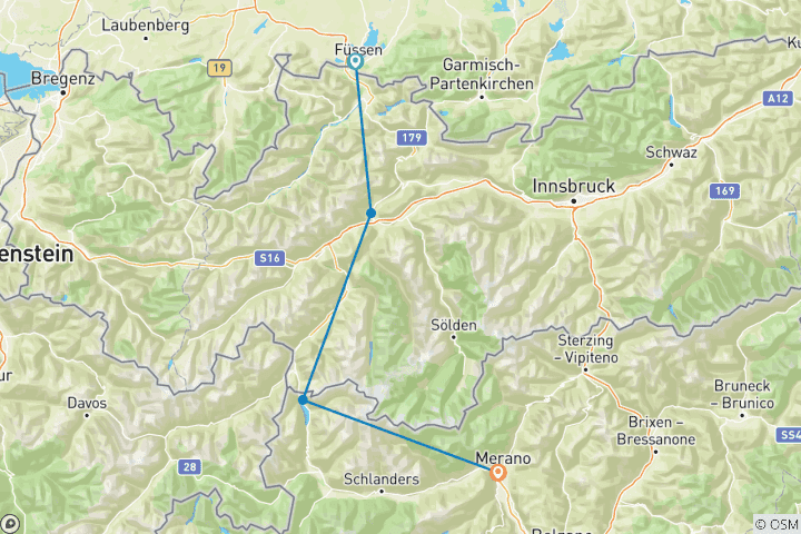 Map of Via Claudia Augusta Alpine crossing from FÜSSEN to MERAN - classic (5 days)