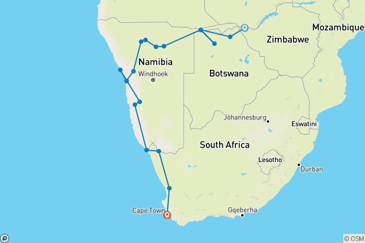 Map of Vic Falls to Cape Town (from Victoria Falls to Cape Town)