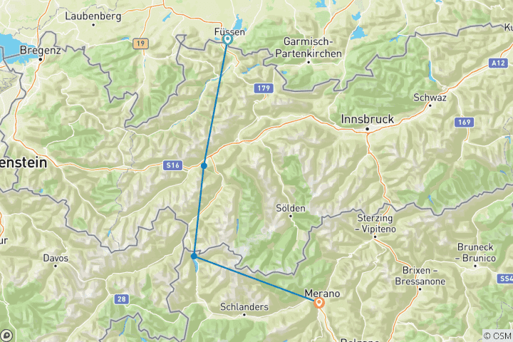 Map of Via Claudia Augusta Alpine crossing from FÜSSEN to MERAN - sporty (5 days)