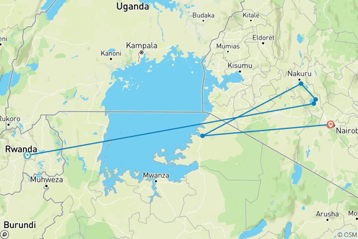 Carte du circuit Premium Ouganda, Rwanda et Kenya (6 destinations)