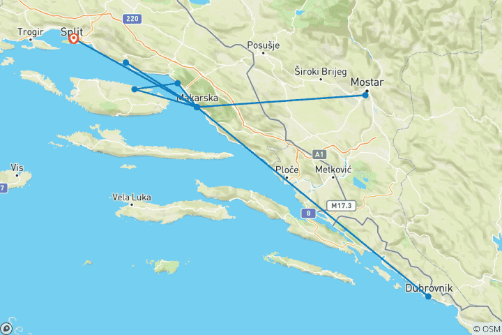 Karte von Dalmatien zum Kennenlernen und Meer