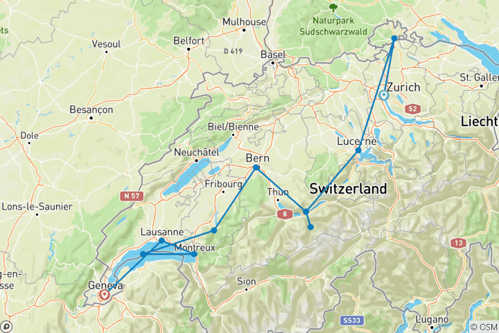 Carte du circuit De Zurich à Genève - 7 jours