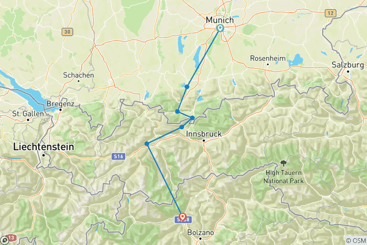 Carte du circuit De Munich à Merano - Traversée alpine de charme Allgäu-Tyrol (8 jours)