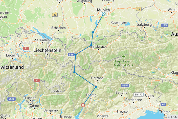 Map of From Munich to Lake Garda - the sporty crossing of the Alps (8 days)