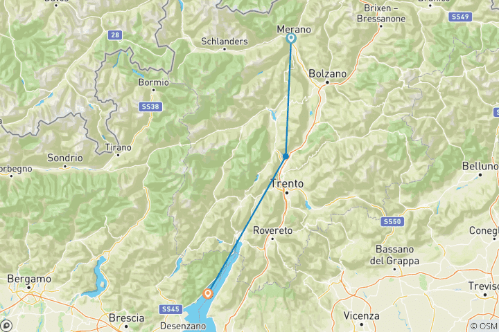 Map of Adige cycle path from MERAN to LAKE GARDENA - espresso (4 days)