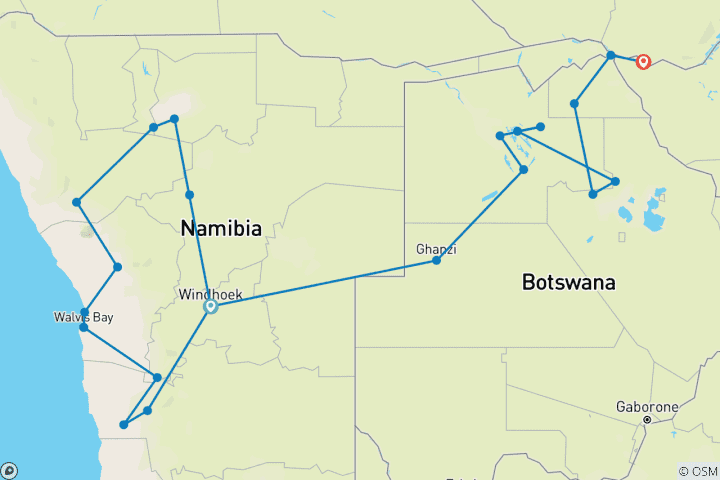 Map of Trans-Kalahari Odyssey: 21 Days: Namibia • Botswana • Zimbabwe • Desert, Delta Discovery