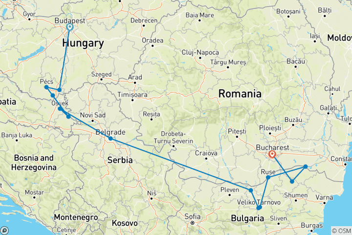 Carte du circuit Europe de l'Est et Balkans dévoilés & Budapest 2027 - 11 jours (from Budapest to Bucarest)