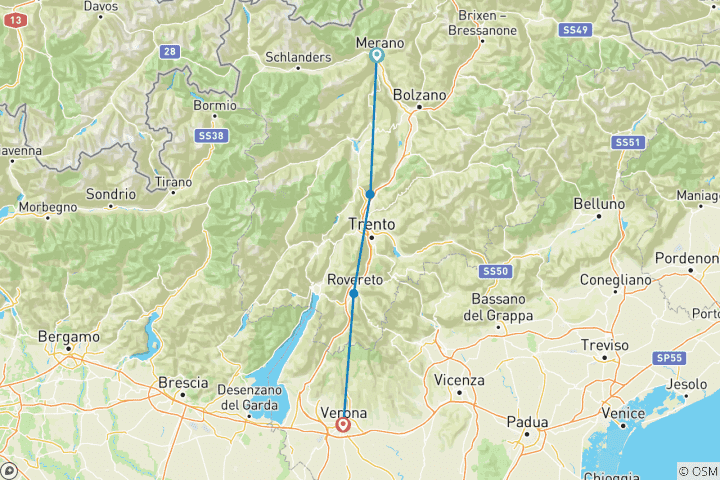 Map of Adige Cycle Path from MERAN to VERONA - Intermezzo (5 days)