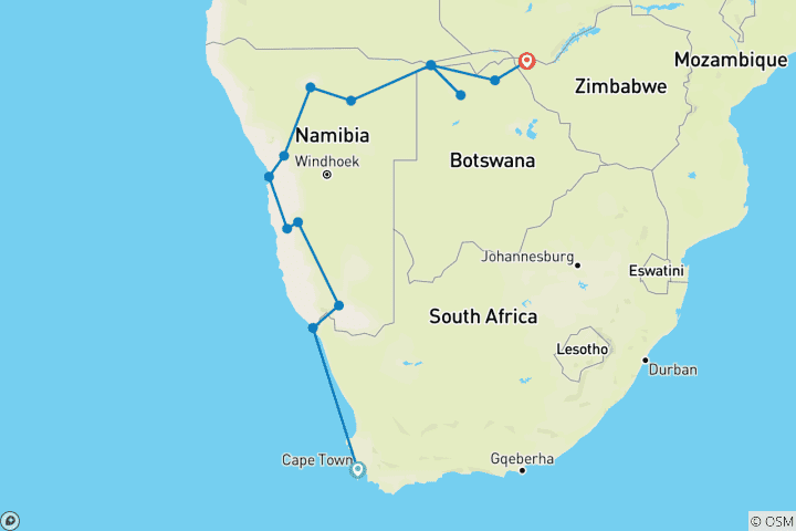 Map of Cape Town to Vic Falls (from Cape Town to Victoria Falls)