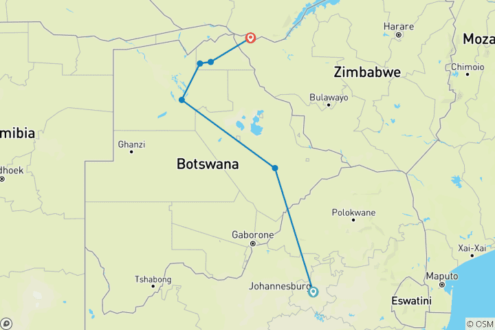 Map of Botswana Adventure & Falls Northbound - 12 days