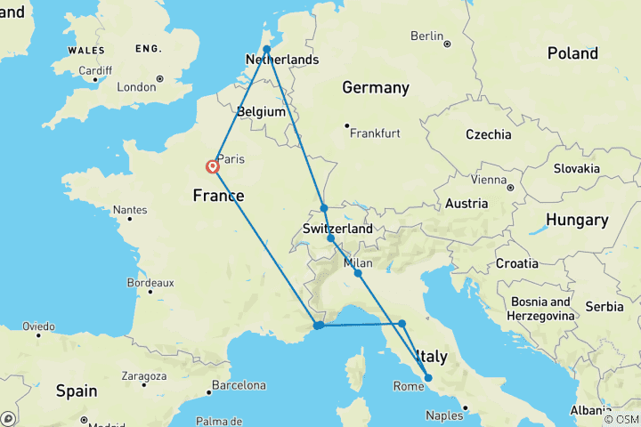 Carte du circuit Europe centrale et occidentale : Principales villes et autres