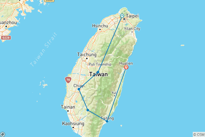 Map of 10 Days Panoramic Taiwan Small Group Tour (Max 16) |Taiwan China Package Adventure