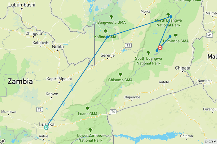 Carte du circuit Zambie - Safari à pied avec migration de chauves-souris en octobre