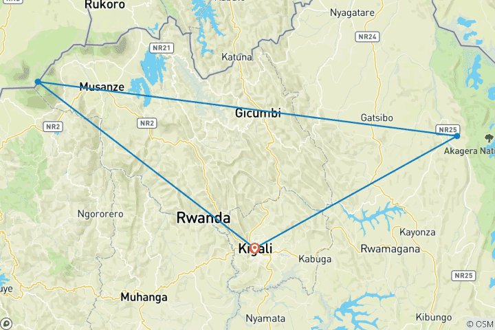 Carte du circuit 4 jours de safari au Rwanda et d'excursion à la rencontre des gorilles