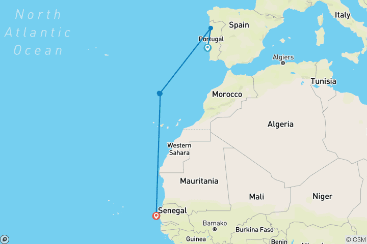 Carte du circuit Joyaux cachés de l'Atlantique et de l'Afrique
