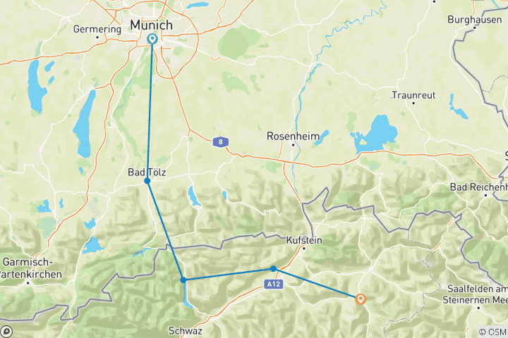 Karte von MÜNCHEN – KITZBÜHEL Wiesenfest trifft Alpengaudi – via Achensee/Maurach  (6 Tage)