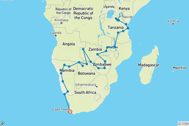 Carte du circuit Du Kenya au Cap (from Nairobi to Le Cap)