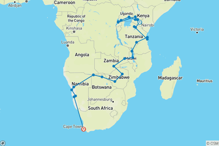 Carte du circuit L'Afrique englobée vers le sud (from Nairobi to Le Cap)