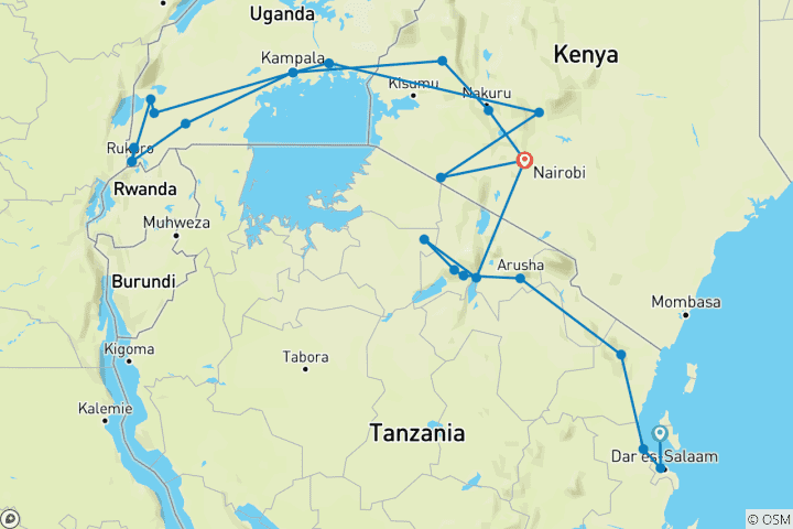 Carte du circuit Plages, parcs animaliers et gorilles (from Stonetown to Nairobi)