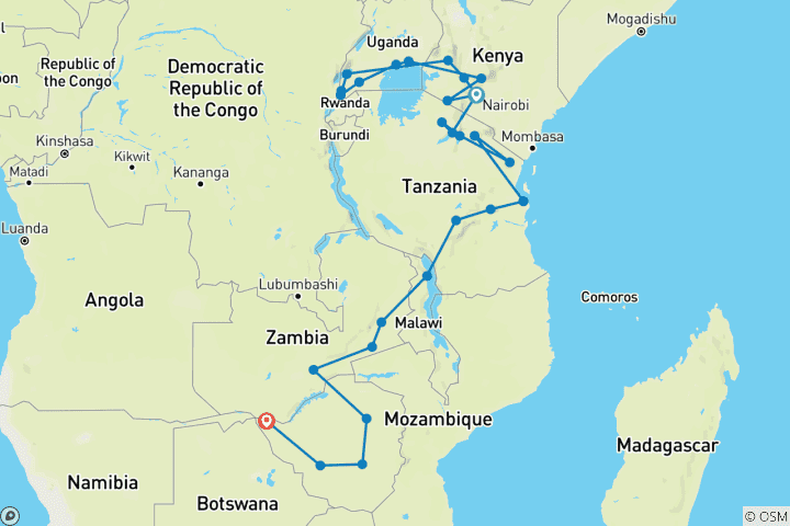 Carte du circuit Des gorilles à Vic Falls (from Nairobi to Victoria Falls)
