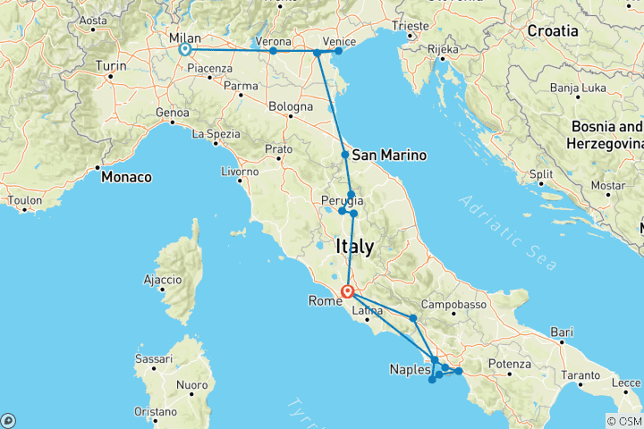 Carte du circuit Tout sur l'Italie (17 destinations)