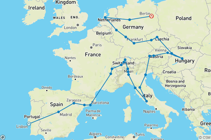 Carte du circuit Toute l'Europe (33 destinations)