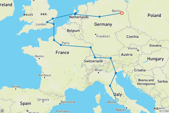 Map of Around Europe (15 destinations)
