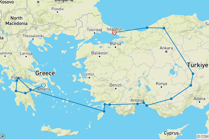 Carte du circuit Athènes, le Péloponnèse et l'incroyable Turquie (18 destinations)