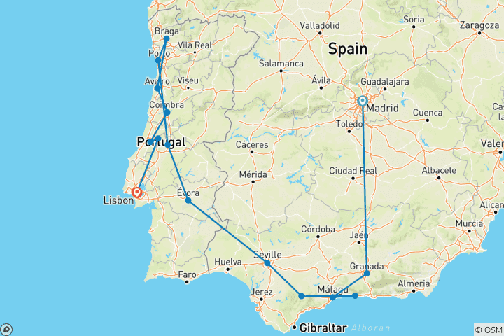 Kaart van Andalusië en Portugal volledig (15 bestemmingen)