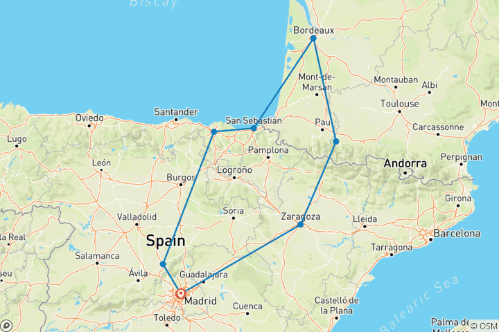 Carte du circuit Pays basque et Lourdes depuis Madrid (8 destinations)